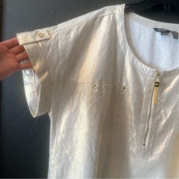 Ellen Tracy Linen Blend Women Chalk Gold Foil Boxy Blouse Preppy Size: XL - Picture 5 of 9